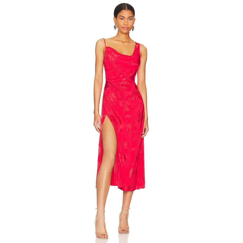 For Love & Lemons Ilana Midi Slip Dress Size S Red Jacquard Side Slit Cowl Neck
